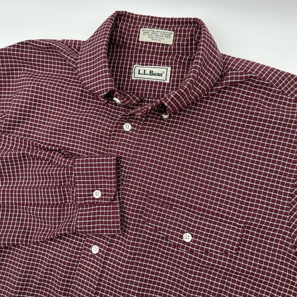 Vintage 80s LL Bean Windowpane Plaid Burgundy Men's M Button Up Made In USA
